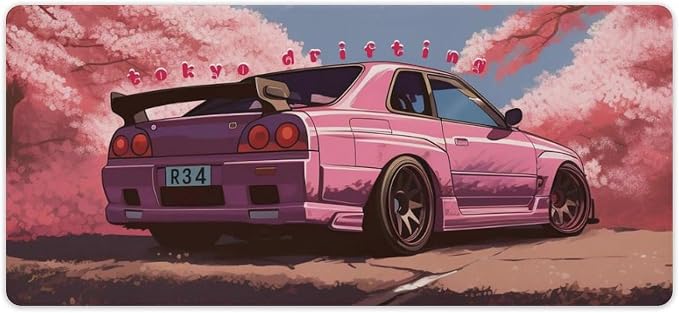Car Gaming Mouse Pad Large Mousepad Japanese JDM Car R34 Pink Cherry Tree Anime Desk Mat for Keyboard and Mouse Mat Non-Slip Rubber Desk Pad 40x90cm, Style