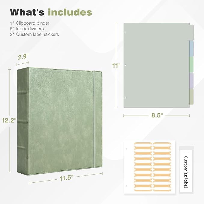Ospelelf Vintage Hardcover 3 Ring 2 inch Leather Binder, Professional Binders Organizer Suitable for Letter Size, Binder Dividers with Tabs, Light Green
