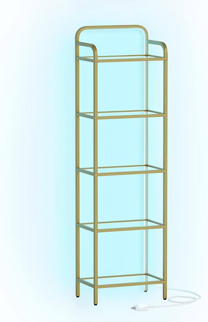 Hzuaneri Bookshelf, Tempered Glass Bookshelves with Lights and Steel Frame | Tall Narrow Bookcase , Display Shelf, Slim Shelving Unit for Living Room, Bedroom, 9.6"D x 15.4"W x 55.9"H Gold BC34599G