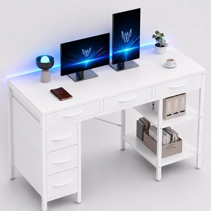 Simple Deluxe Computer Desk with 6 Drawers, 55 Inch Office Workstation with Storage Shelves, Reversible Corner Gaming Table, Home Office Study Desk with Fabric Organizer, White