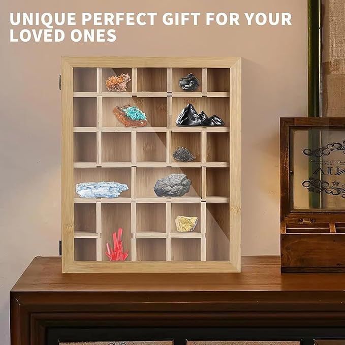 Adjustable Wooden Rock Display Case, 11.81x2.95x14.76 inches | For Crystals Minerals Collection, Showcase, Acrylic Magnetic Door
