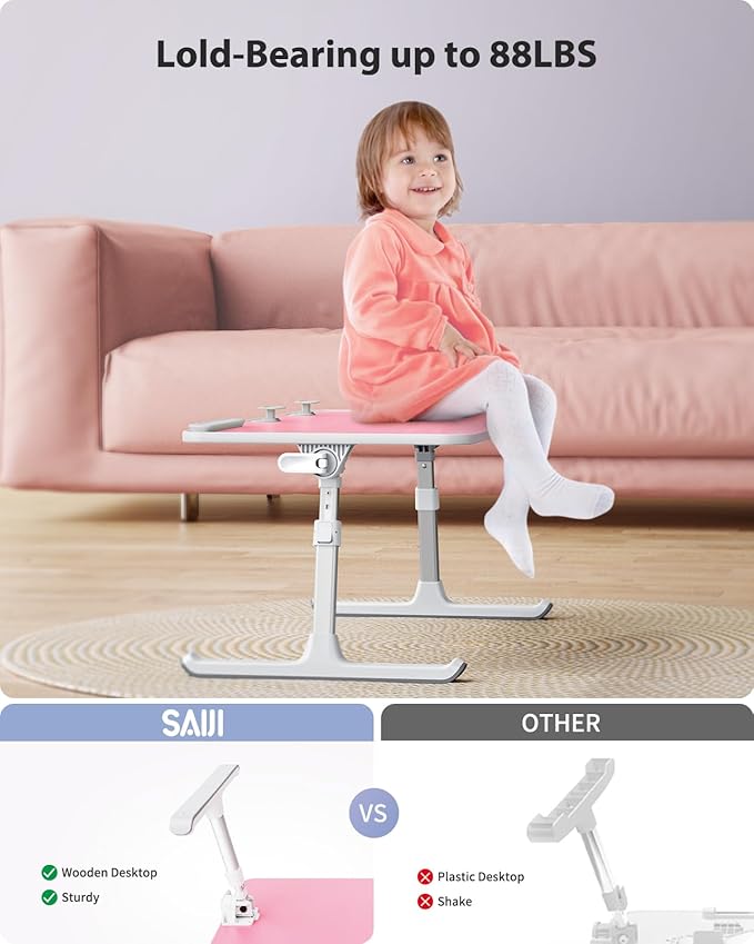 SAIJI Height & Angle Adjustable Laptop Stand for Bed, Lap Desk Tray Table | Light Weight Foldable Portable Laptop Table for Couch Sofa Chair Floor Desk for Adults, Kids (Pink)