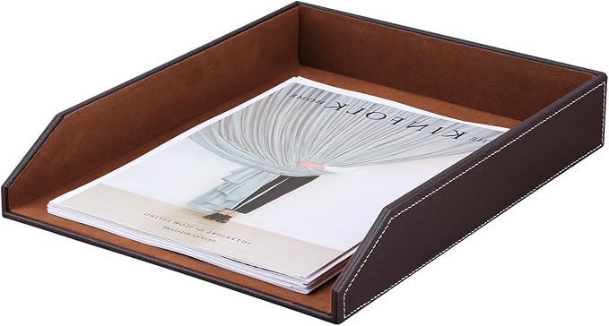 Letter Tray, PU Leather Paper Organizer Tray for Desk, Paper Organizer Storage Holder for Office Home or School A4 Size Brown