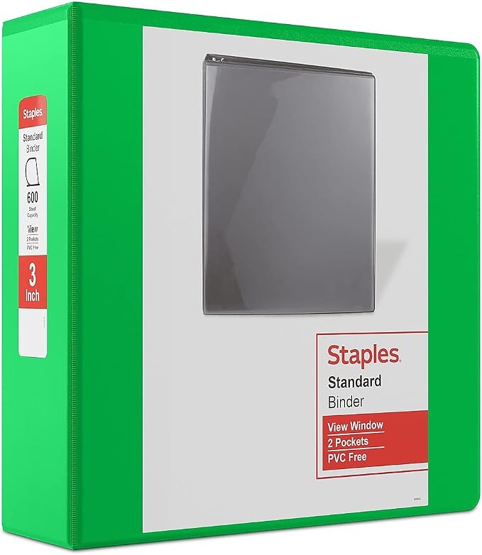 Staples Standard 3-Inch D-Ring Non-View Binder, Holds Up to 600 Sheets, Green, Large Capacity Binder for Office & School