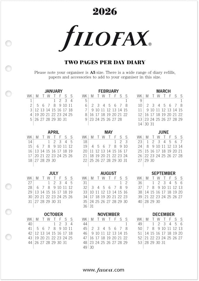 Filofax Calendar Diary Refill, A5 Size, One Day on Two Pages with Appointments, Time Management, White Paper, English, 2026 (CTM7031-26)
