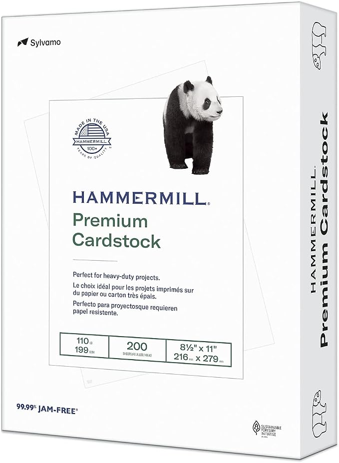 Hammermill White Cardstock, 110 Lb, 8.5 x 11 Colored Cardstock, 1 Pack (200 Sheets) - Thick Card Stock, Made in the USA, 168380R