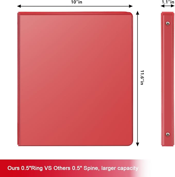 COMIX Sturdy 0.5 Inch 3 Ring Binder with Clear View Cover | 0.5"Heavy Duty Round Ring,PVC-Free Board,Holds 100 Letter Sheets,Wholesale for Offices & Classrooms,6 Pack (Red)