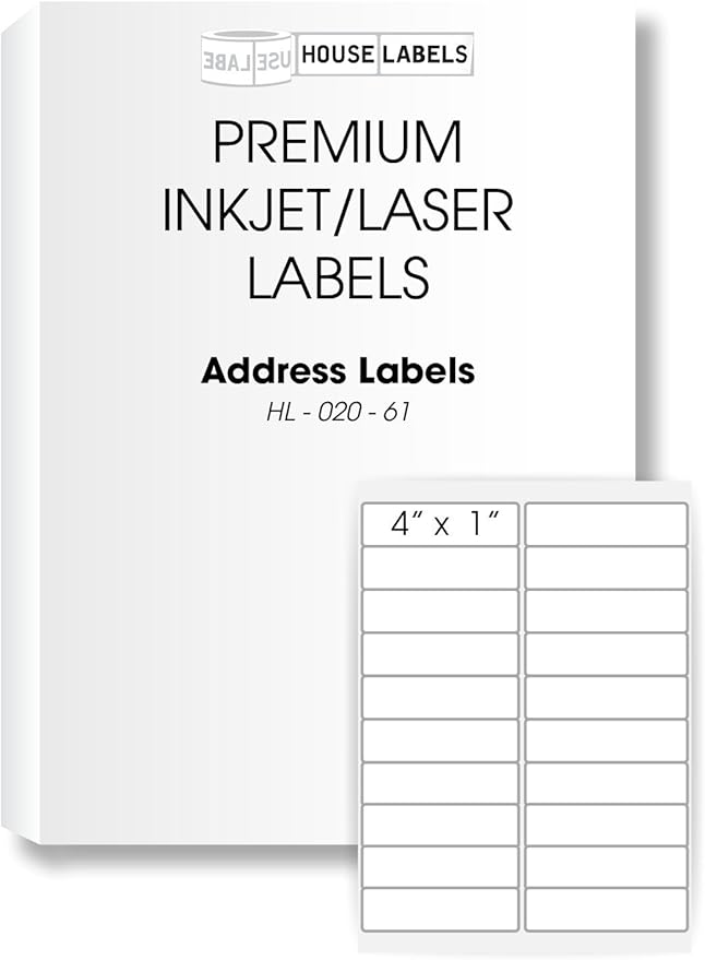 HOUSELABELS 20-up Shipping Labels (4" x 1") for Laser and Inkjet Printers, 1,000 Sheets
