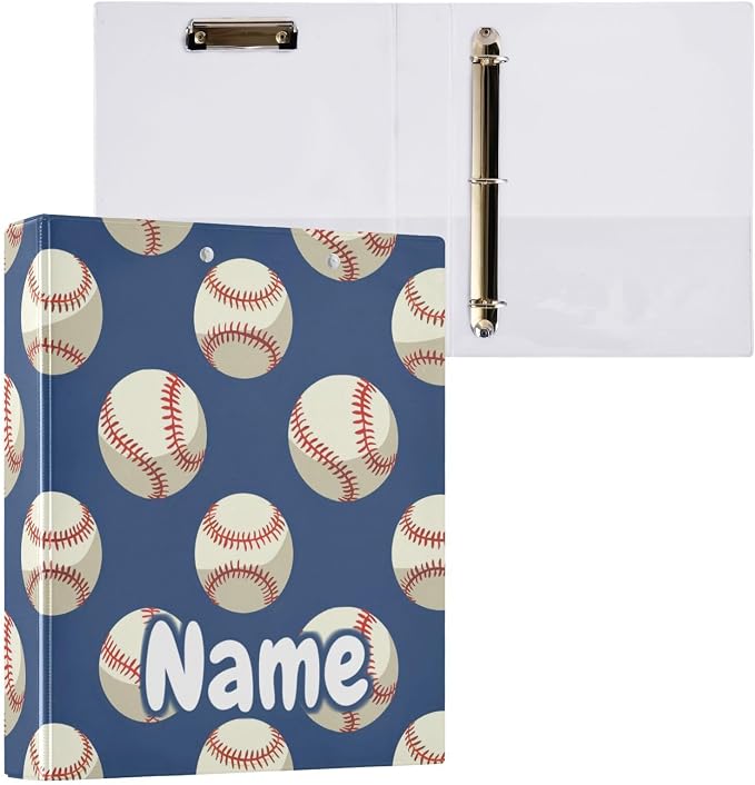 Custom 3 Ring Binder Baseballs Ball on Blue 1.5" Round Ring Binders Personalized Name View Binder with 200 Sheet for Kids School Supplies Women Men Office, 1 Pack