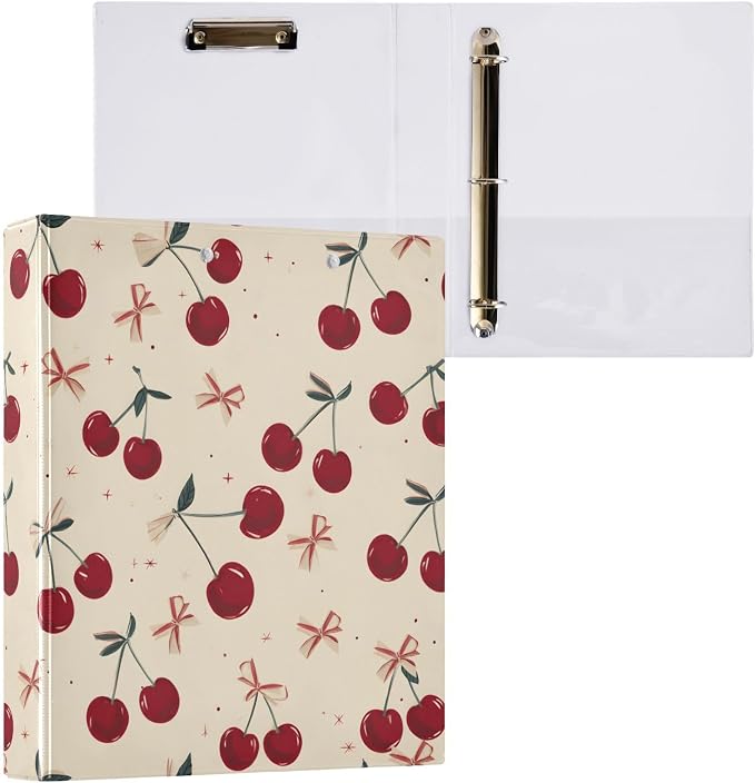 3 Ring Binder Retro Bow Cherry 1.5" Round Ring Binders View Binder with 200 Sheet for Kids School Supplies Women Men Office, 1 Pack