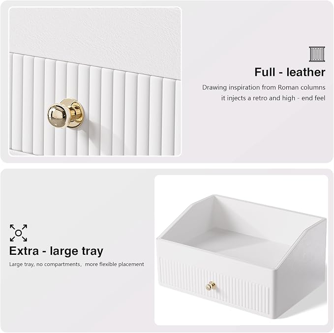 LADSTAG Office Desk Accessories,Beige White Vegan Leather Office Organizer with 1 Drawer & Tray,Pen Holder with Gold-Tone Metal Accents Knob for End Tables,Bedside Table,Bedroom.