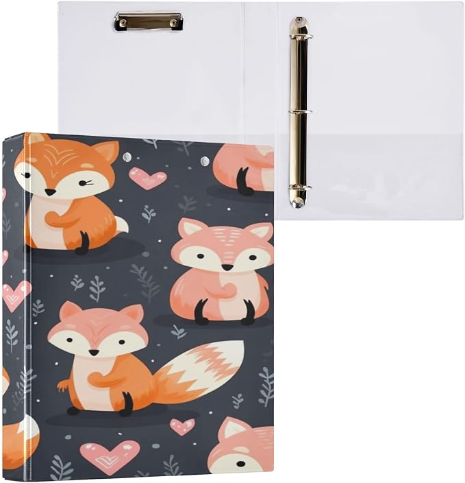 3 Ring Binder, Cute Foxes and Hearts Clipboard Binder with 2 Pockets, 1.5 Inch Three Ring Binder Heavy Duty Round Ring Binders for Office Supplies