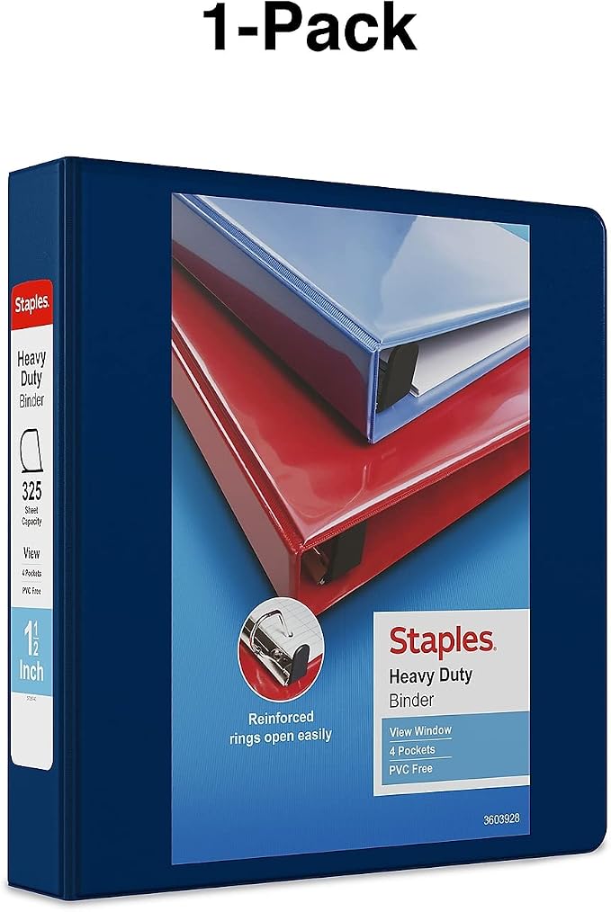 Staples Heavy-Duty 1.5-Inch D-Ring View Binder, Blue, 350 Sheets | Reinforced spine for durable everyday use in office and school settings.