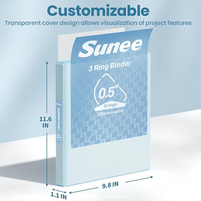 SUNEE 3 Ring Binder 1/2 Inch D Ring, Clear View Binder Three Ring PVC-Free (Fit 8.5x11 Inches) for School or Office Supplies, Pastel Blue, 1 Pack