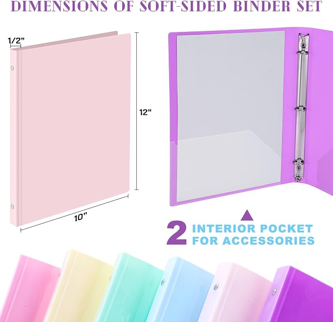 Fulmoon 6 Pack 1.5 Inch Plastic 3 Ring Binders with Pockets, Pastel Colors | Flexible Covers with Round Rings and Front Pockets for Organizing Papers at School, Office, Meetings and Presentations