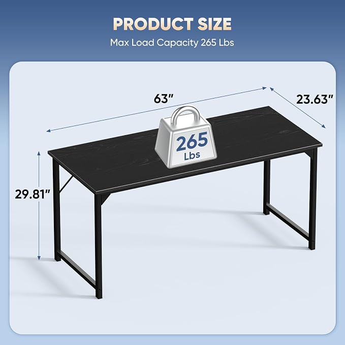 DUMOS 63 Inch Small Computer Desk, Gaming Desks for Home Office Bedroom | Modern Study Writing Work Table, Craft PC Desk Simple Workstation with Reinforcement Structure, Black