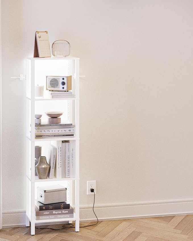 Open Book Shelf with LED Lights, 5 Tier Tall Bookshelf, Freestanding Shelf Narrow Bookcase with Open Shelves, 14.96" x 10.63" x 53.54", Book Shelves for Living Room, Office, Study, White