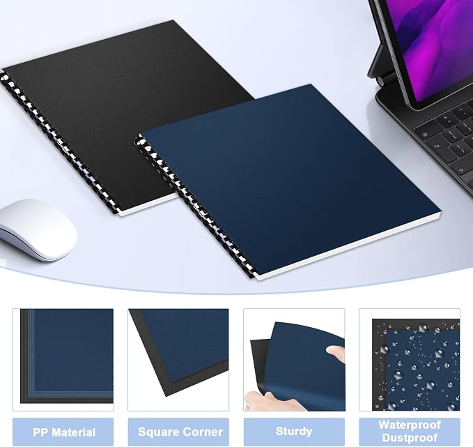 HOUYEE 100 Pack 12Mil Binding Covers Set, 8.5x11 Letter Size,Sand Textured | Including 50 Pcs Black Plastic Binding Covers, 50 Pcs Navy Blue Back Binding Polycovers, Square Corners,Un-Punched for Office