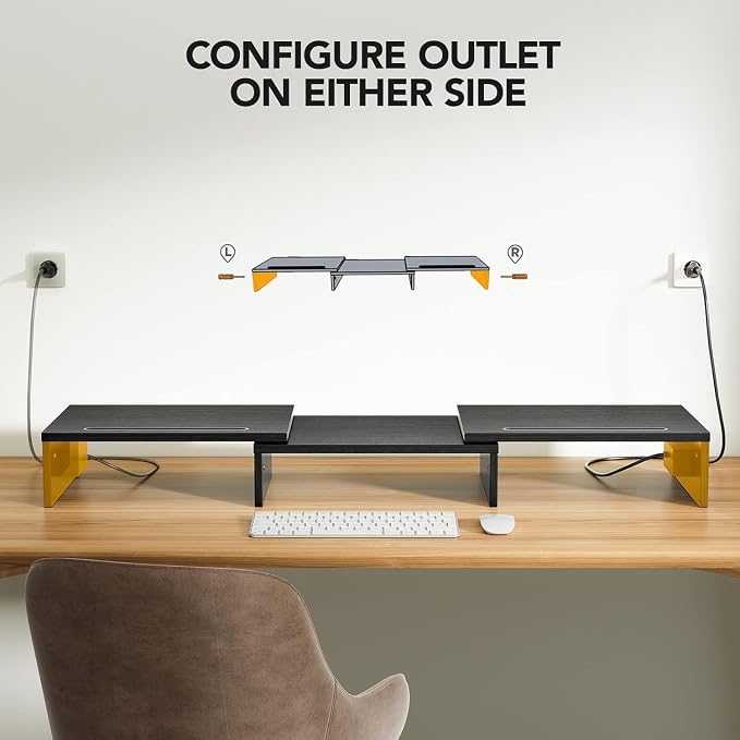 HUANUO Dual Monitor Stand -Monitor Stand with USB ports ,Adjustable Length and Angle, Dual monitor riser w/ Desktop Socket, Monitor Stand Riser for PC, Computer, Laptop (Black)