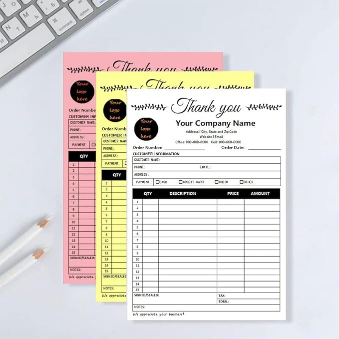 Personalized Invoice Book Custom 2 Part/3 Part Receipt Book Quote Estimate Order Forms Carbonless Form with Your Company Name Logo Address,2-10 Books (Style 11)