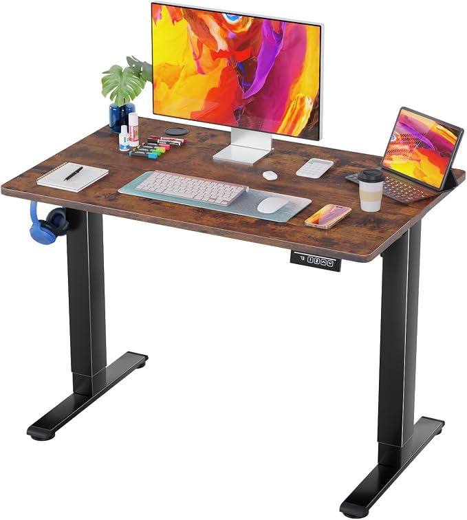 PayLessHere 40 Inch Electric Standing Desk Sit Stand up Desk Home Office Desk with Large Space Headphone Holder 2 Memory Function for Home,Office,Meeting Room (Brown)