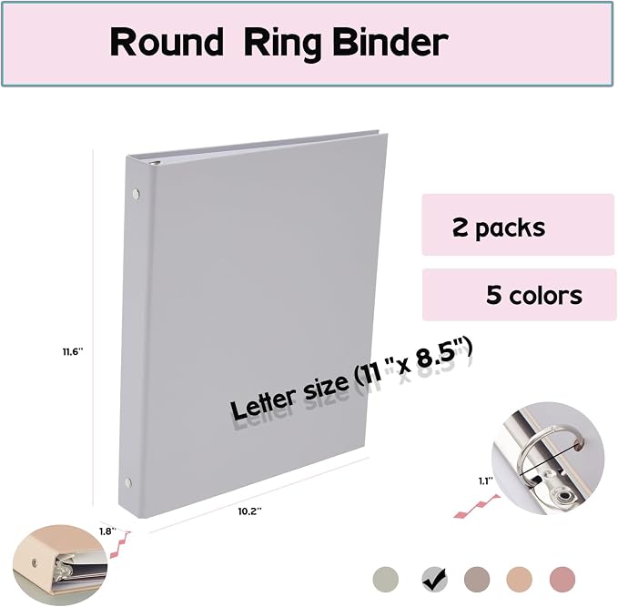 2-Pack, 3-Ring Pocket, Fashionable Color Binder 1-inch, Suitable for Letter Size (11 "x 8.5"), Beautiful and Cute Binder Suitable for School and Office Supplies, Gray Color