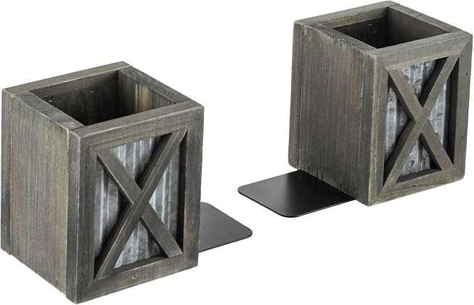 MyGift Gray Wood Bookends with Pen Holder, Galvanized Metal Accent | Integrated storage compartments organize writing utensils and office supplies while supporting books on desks, shelves