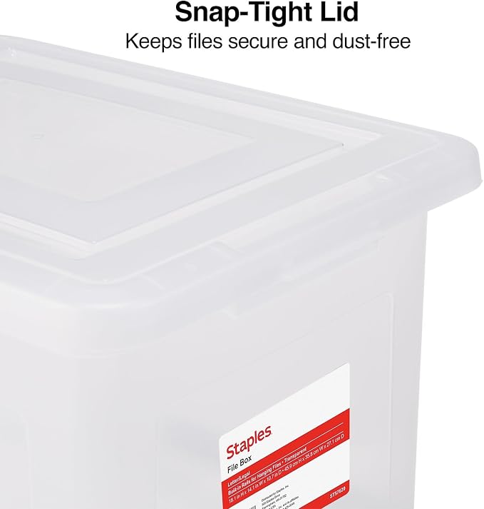 Staples Hanging File Folder Box, Storage Bin Organizer, Snap Lid, Clear | Fits letter and legal size documents. Stackable design keeps files secure and visible.