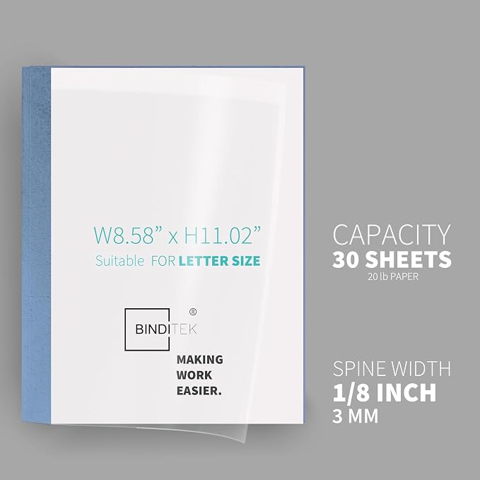 Binditek Thermal Binding Presentation Covers, 1/8 Inch Spine, Blue,10 Pack | Thermal Binding Covers, 30 Sheets Capacity, Ultra Clear Front, Blue Paper Back Cover, Letter Size, for Students & Coworkers