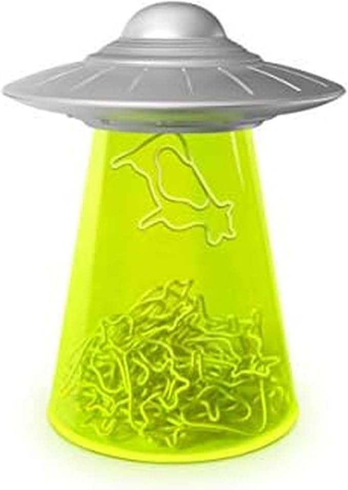 Genuine Fred Filing Saucer Paperclip Dispenser UFO Holder with Cow Paperclips, Space Themed Desktop Organizer Fun and Functional Desk Accessory for Home and Office