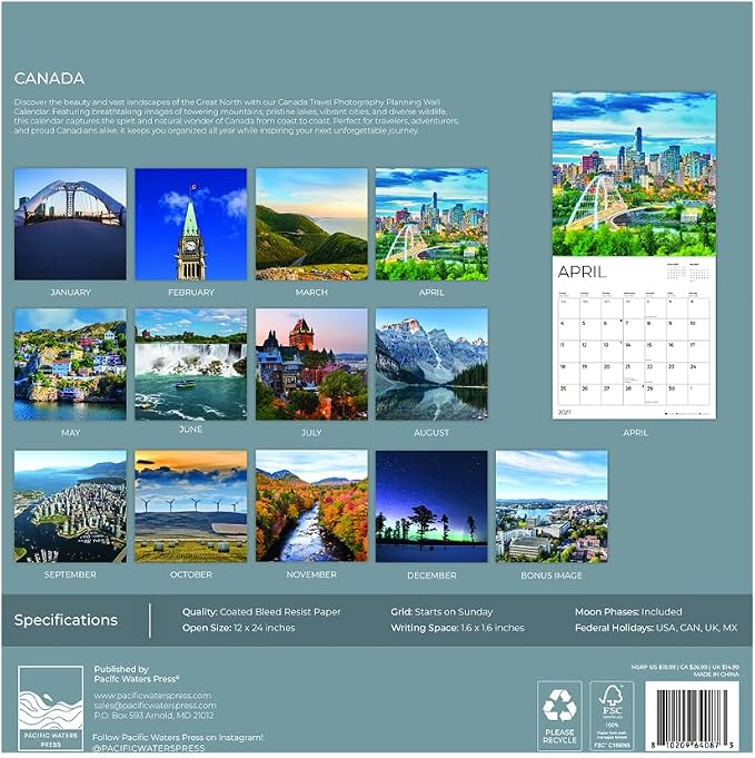 Canada 2027 Wall Calendar, 12 x 24 Hanging Pacific Waters Press
