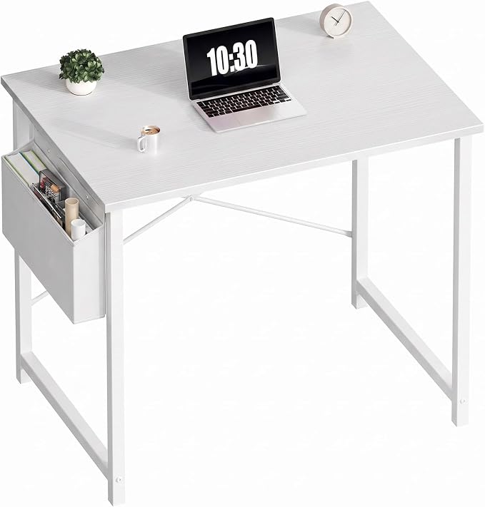 OLIXIS Small Computer Desk, 31 Inch Gaming Desks for Home Office | Writing Study Craft Work Table, Computer Workstation for Bedroom Small Spaces with Storage Bag, All White