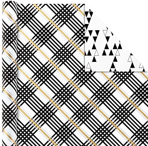 Hallmark Reversible Wrapping Paper Bundle with Ribbon & Gift Tag Stickers - Black, Gold Stripes, Plaid (3 Pack, 120 sq. ft. TTL, 30 Yds. Mini Ribbon, 36 Labels) for Graduations, Weddings, Christmas