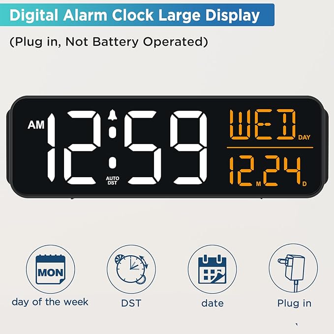 Peakeep Large Display Digital Alarm Clock for Bedrooms, Date Day of Week Desk Table Clocks for Living Room Office, Dimmable 5 Dimmers Plug in Electric Clock, Auto DST