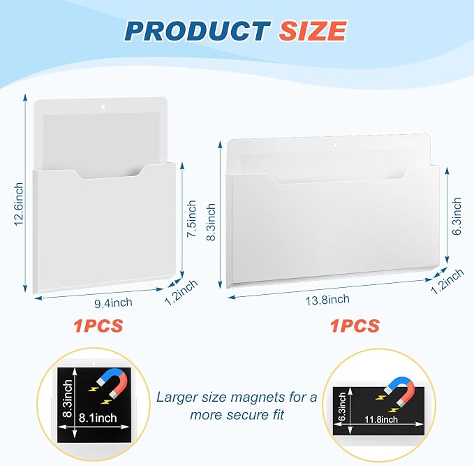 Feifeiya 2 Pcs Magnetic File Folder Wall Hanging Holder Large Pocket Paper Magazine Mail Organizer for Refrigerator Classroom Locker Whiteboard(Mixed,White,13.8 x 8.3 Inches,12.2 x 9.4 Inches)