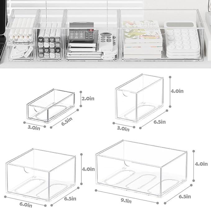Desk Organizers, Makeup Organizer Storage, Desktop Office Supplies, Clear Desk Accessories, Dustproof Drawer Organizer and Storage for Make Up, Jewelry, Pen, Desktop Stationary (6 Drawers)