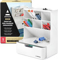 ARTEZA Desktop Pen and Marker Organizer, 6-Compartment White Pen Holder for Desk with Stationery Drawer, Makeup Organizer