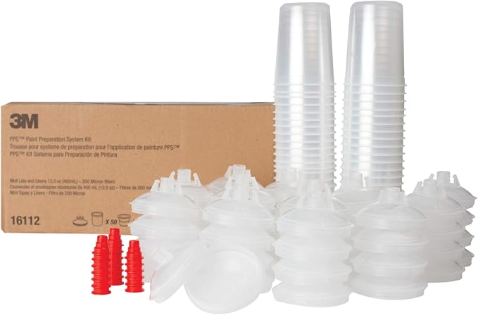 3M PPS (Original Series) Paint Spray Gun Cup Lids and Liners Kit, 16112 | 13.5 oz; Midi; 200-micron Filter; 50 Disposable Lids and Liners; 20 Sealing Plugs; Use w/ Paint Gun for Cars, Furniture, Home