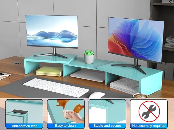 Desk Organizers and Accessories, Dual Monitor Stand Riser, Monitor Desk Shelf for Desktop Organization (Blue)