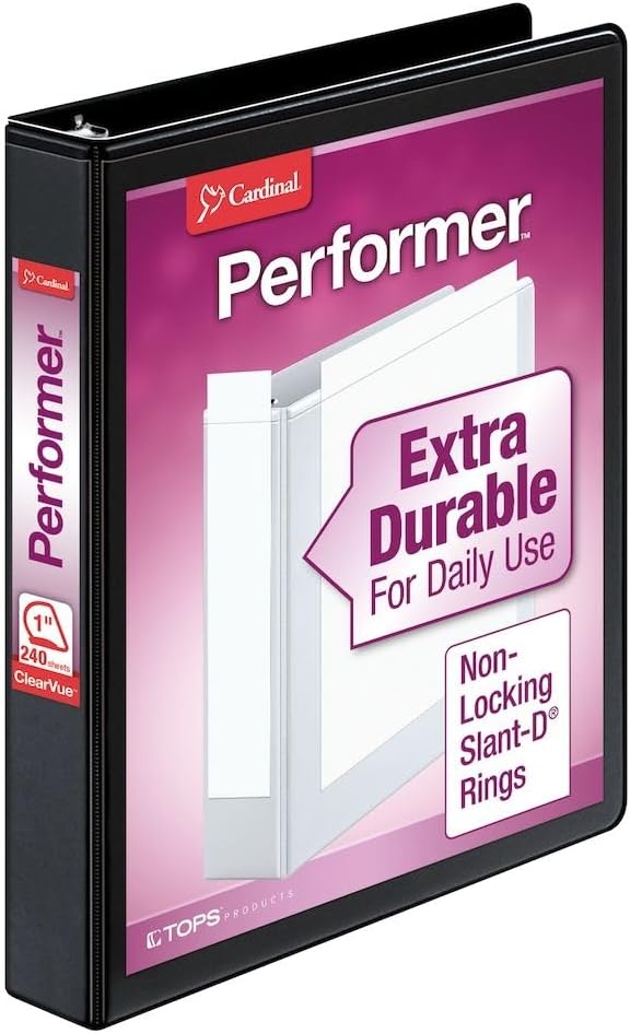 Cardinal Performer 3-Ring Binder, 1", Non-Locking Slant-D Rings, 240-Sheet Capacity, ClearVue Presentation Binder, Nonstick, PVC-Free, Black (17201)