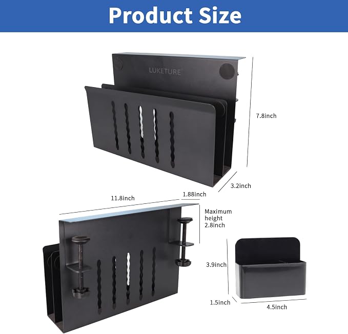 LUKETURE Desk Side Storage, 2 Tie Laptop Holder No Drill Clamp On Organizer | Steel Side Desk Organizer, Clamp on Laptop Mount with Pen Holder, Hanging Storage for Home Office, Fits 0.3" to 2.8"