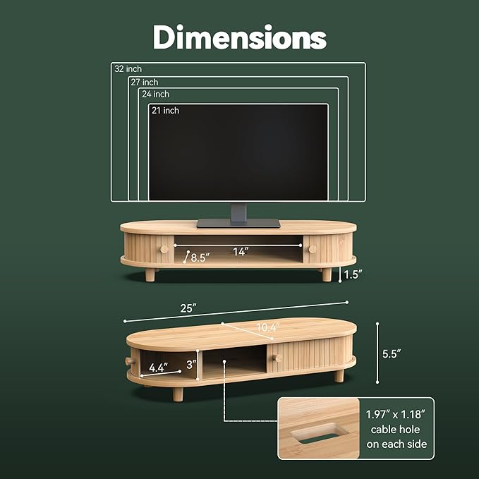 Bamboo Monitor Stand with Storage, 25 Inch Desk Shelf Riser | Curved Computer Laptop Stand Desk Shelf Organizer with Sliding Doors for 47-55 Inch Desk