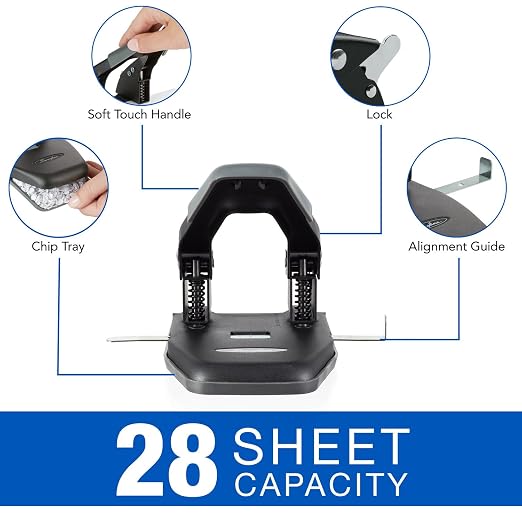 Swingline 2 Hole Punch,28 Sheet Capacity Hole Puncher,Paper Punch,Low Effort Comfort Handle,Alignment Guide,Black (74050),(Pack of 12)