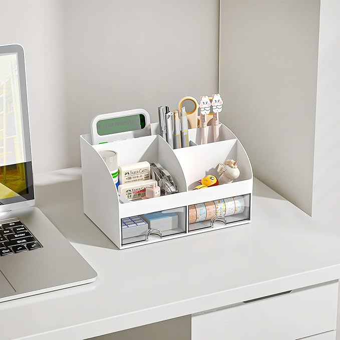 COMFYROOM Desk Organizer with 6 Compartments and 2 Drawers, Plastic Makeup Organizer, Pen Holder for Desktop Storage, Desk Organization for School, Home, Office Supplies (White-2Pack)