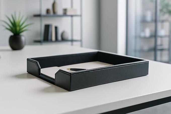 Dacasso Bonded Leather Desktop Tray Luxury Letter Holder & Paper Organizer for Desk, 13.5in x 10.5in x 2.13in, Black