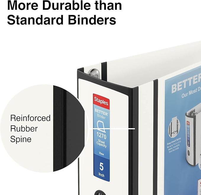 Staples Better 5-Inch D-Ring View Binder, Reinforced Spine | Extra-large capacity binder for archiving everyday office documents.