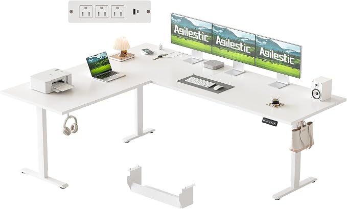 Agilestic 75 x 61 Inch L Shaped Standing Desk with Powerstrip, White | Outlets, Cable Management, Corner Desk, Ample Workspace, Memory Presets, Hooks, Stable Steel Frame,176 lbs, Splice Board