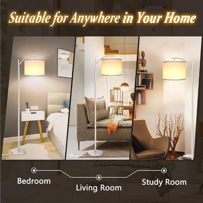 Floor Lamp for Living Room with 3 Color Temperatures LED Bulb, Standing Lamp Tall Industrial Floor Lamp Reading for Bedroom, Office (9W LED Bulb, White Lampshade Included) -Silver