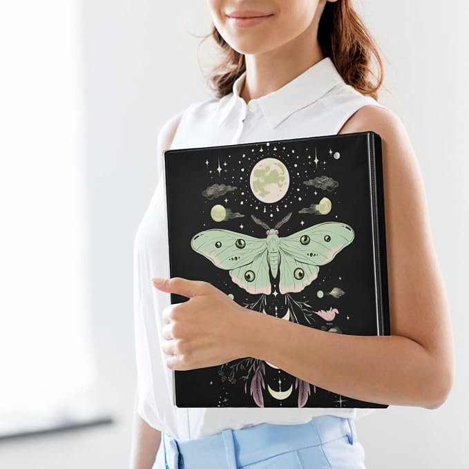 Green Pink Floral Luna Moth Binder 1.5 Inch Binder with Clipboard&Pockets, Gothic Moths Hardcover Binders 3 Ring, Heavy Duty Large File Folder for Office School Supplies-Holds 200 Sheets, 2 PC