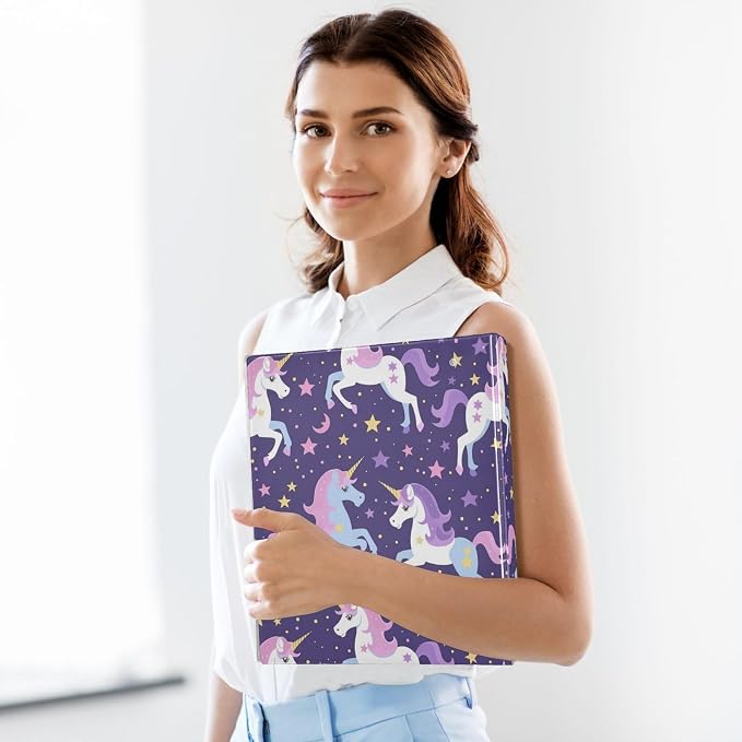 Purple Unicorns 3 Round Ring Binders | 1.5 Inch Binder with Clipboard, PVC Pockets, Work Organizer, Holds 200 Sheets for School Office 1 Pack